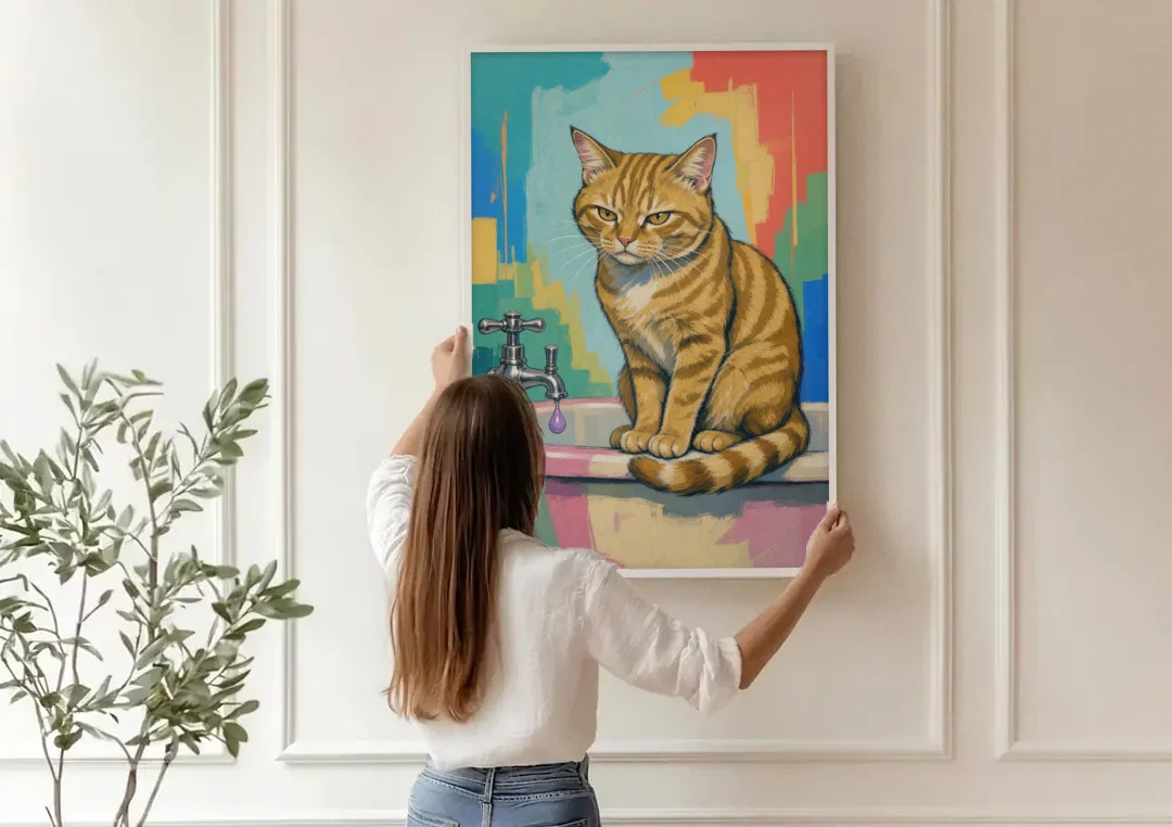 Cat Bathroom Wall Art with a Grumpy Tabby canvas wall art being hung on a paneled wall