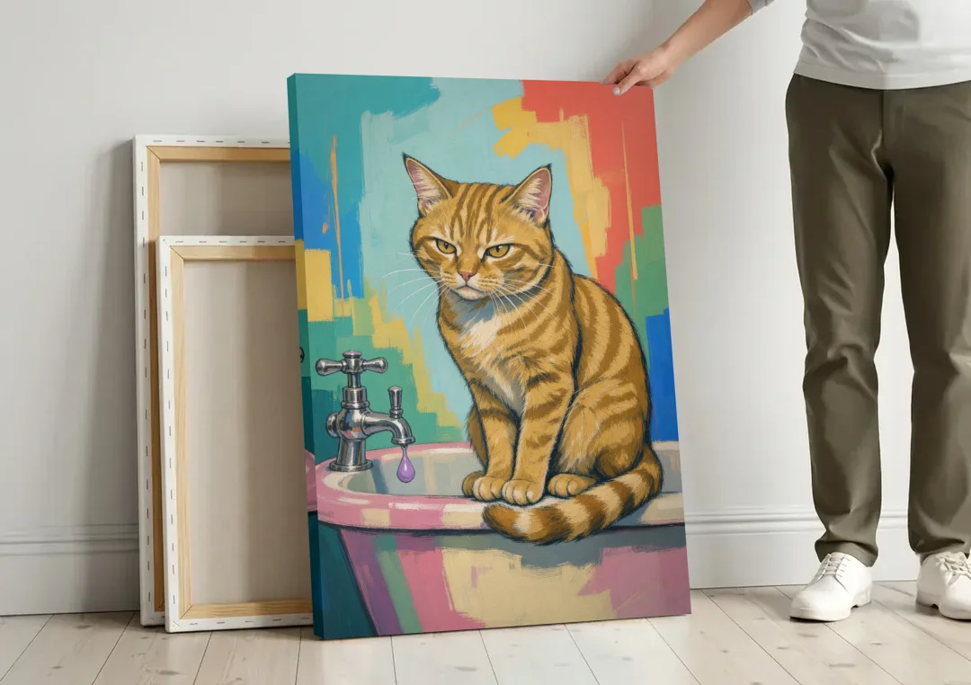Cat Bathroom Wall Art with a Grumpy Tabby canvas wall art leaning against a wall next to blank canvases
