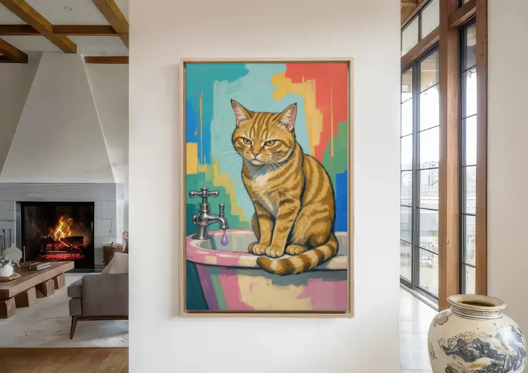 Cat Bathroom Wall Art with a Grumpy Tabby canvas wall art in a living room with a fireplace