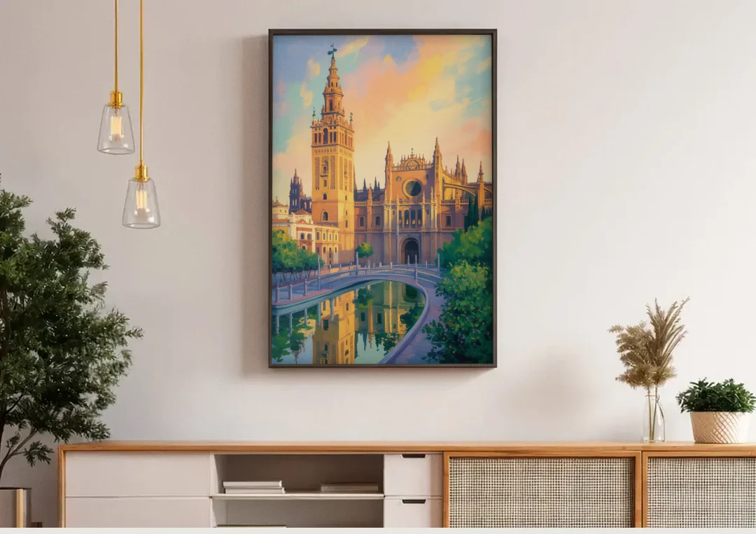 Cathedral Charm canvas wall art above a wooden sideboard under pendant lights