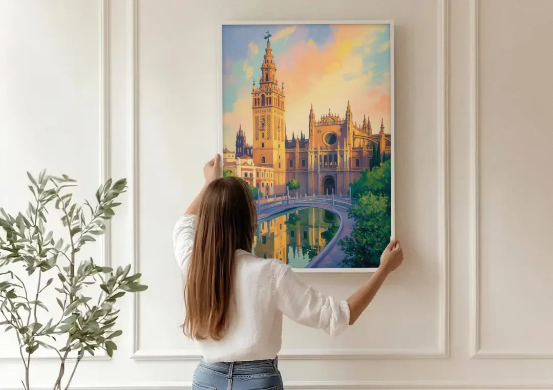 Cathedral Charm canvas wall art being hung on a paneled wall