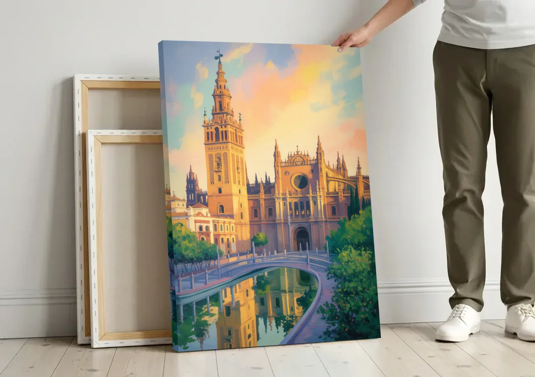 Cathedral Charm canvas wall art leaning against a wall next to blank canvases