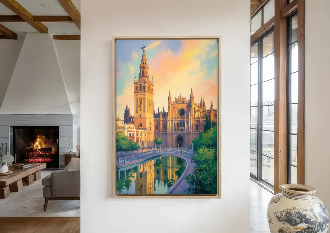 Cathedral Charm canvas wall art in a living room with a fireplace