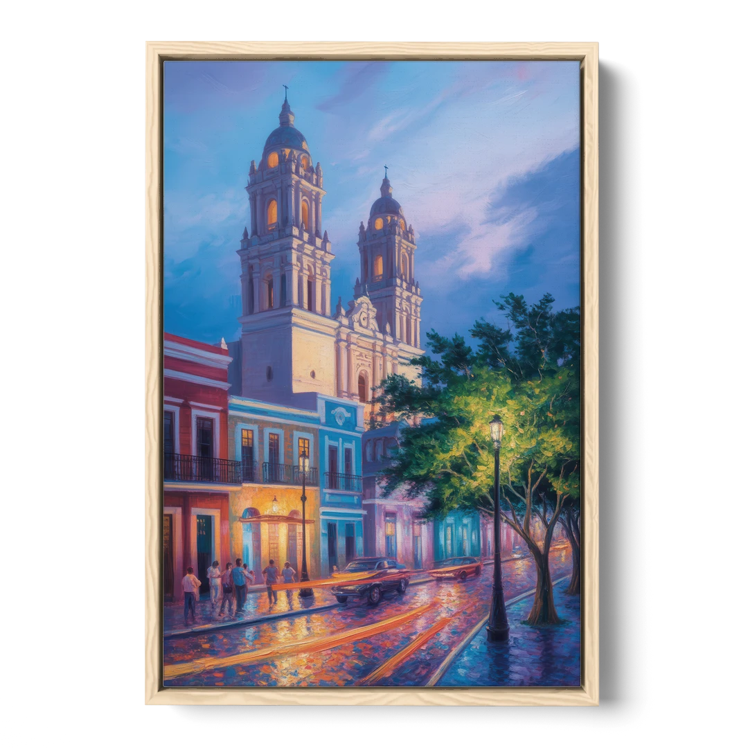 Cathedral of Campeche - Oak Framed Canvas Wall Art - Front