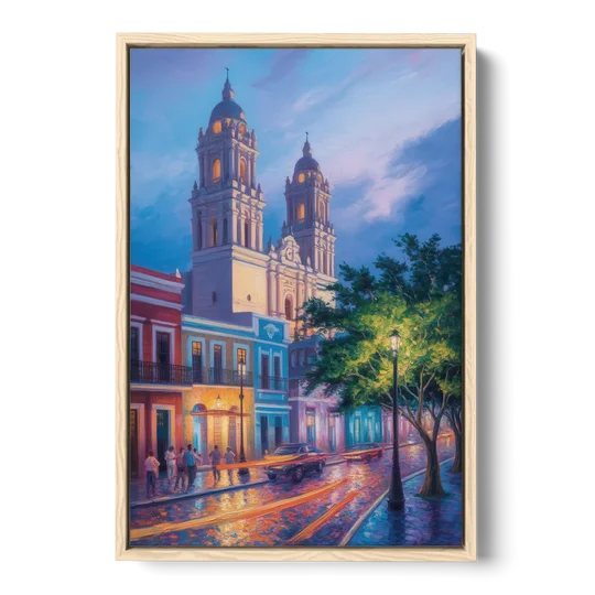 Cathedral of Campeche - Oak Framed Canvas Wall Art - Front