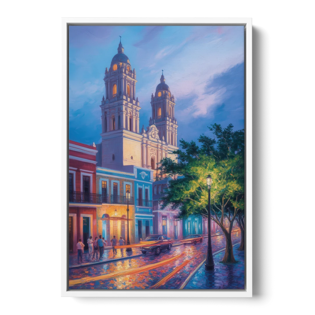 Cathedral of Campeche - White Framed Canvas Wall Art - Front