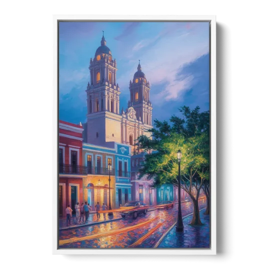 Cathedral of Campeche - White Framed Canvas Wall Art - Front
