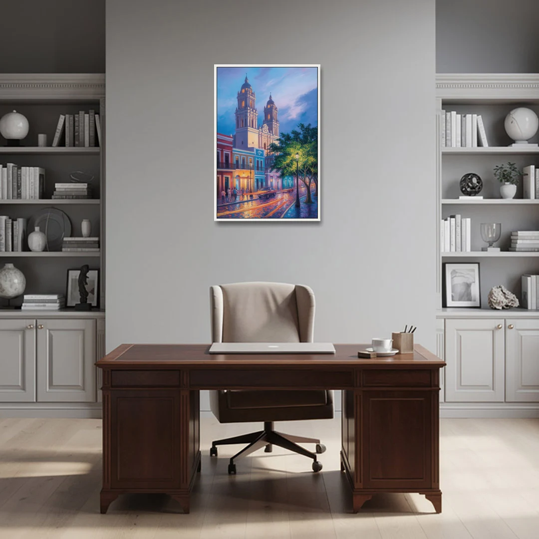 Cathedral of Campeche - White Framed Canvas Wall Art - Office - 24x36