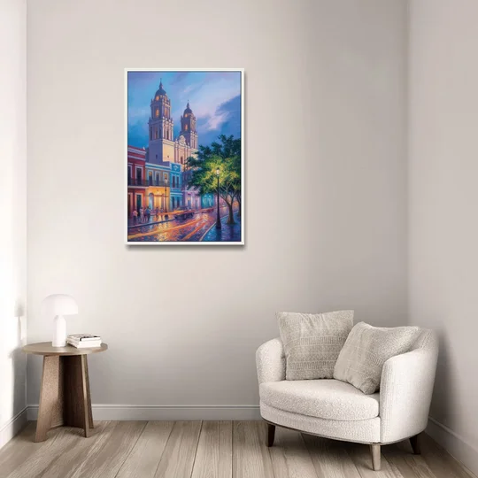 Cathedral of Campeche - White Framed Canvas Wall Art - Sofa - 24x36
