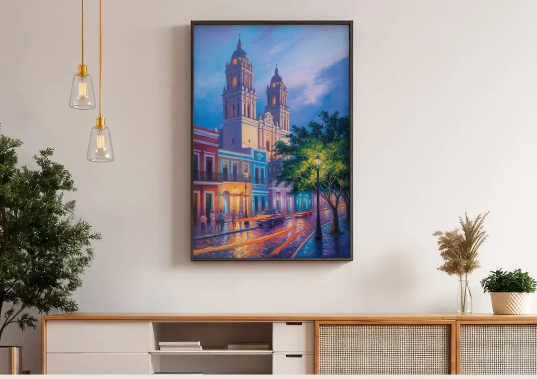 Cathedral of Campeche canvas wall art above a wooden sideboard under pendant lights