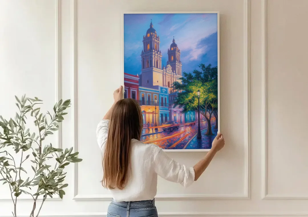 Cathedral of Campeche canvas wall art being hung on a paneled wall
