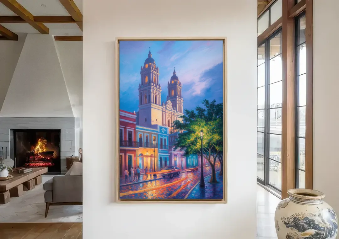 Cathedral of Campeche canvas wall art in a living room with a fireplace