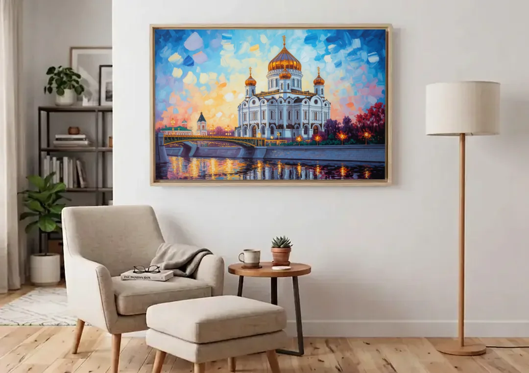 Cathedral of Christ Light canvas wall art above an armchair in a bright living room