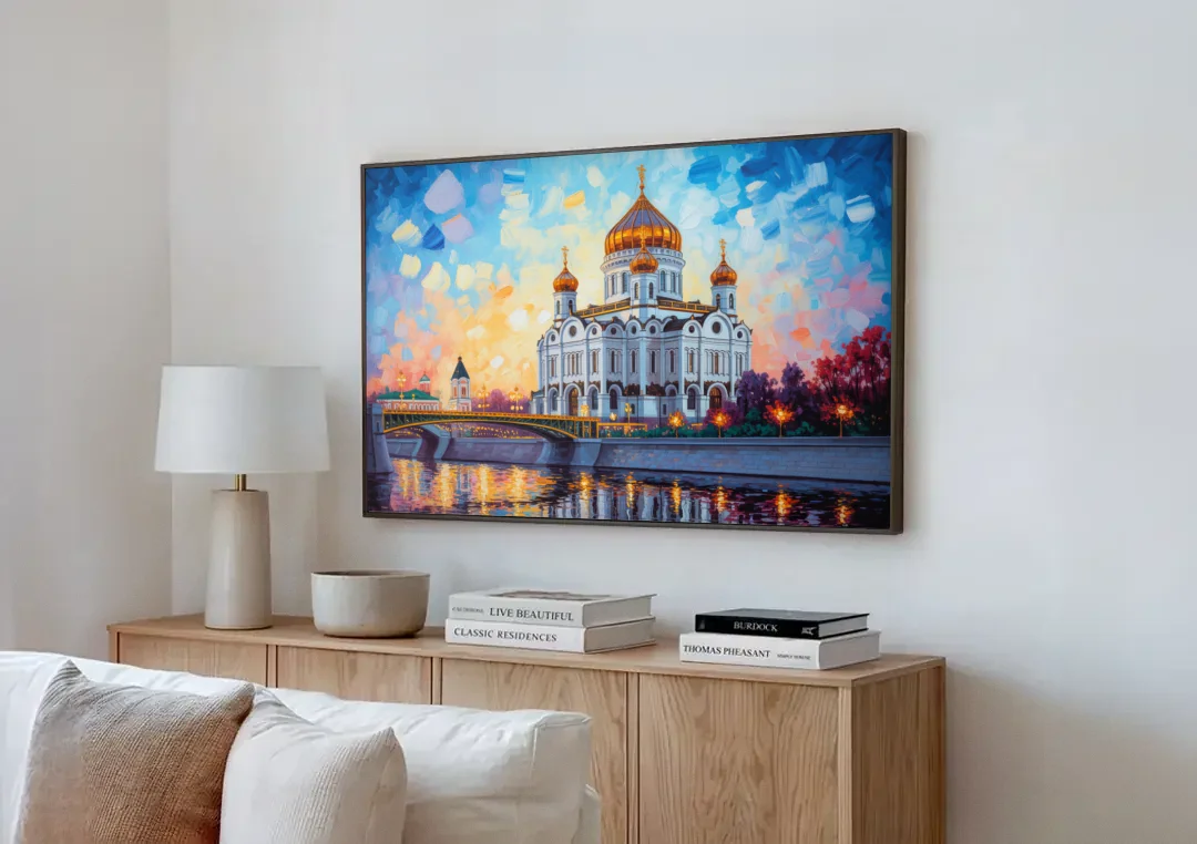 Cathedral of Christ Light canvas wall art above a wooden sideboard next to a sofa