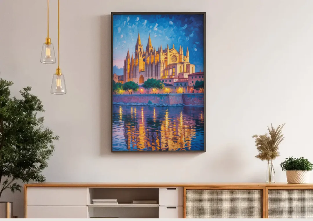 Cathedral of Santa Maria canvas wall art above a wooden sideboard under pendant lights