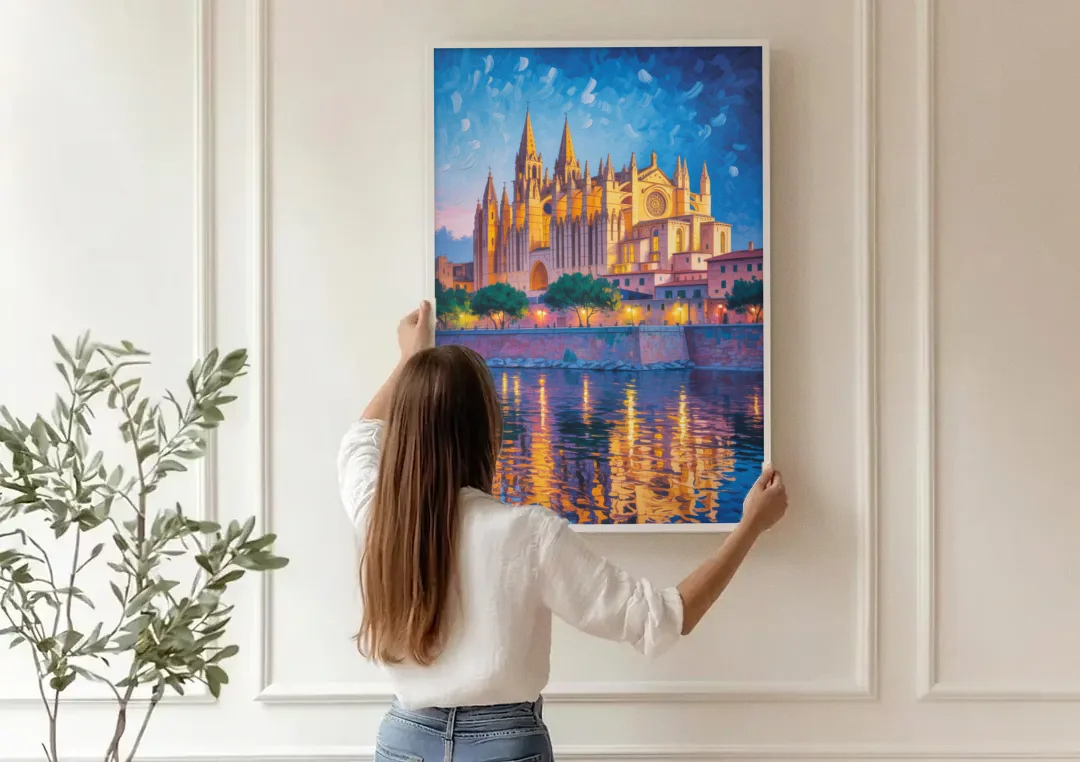 Cathedral of Santa Maria canvas wall art being hung on a paneled wall