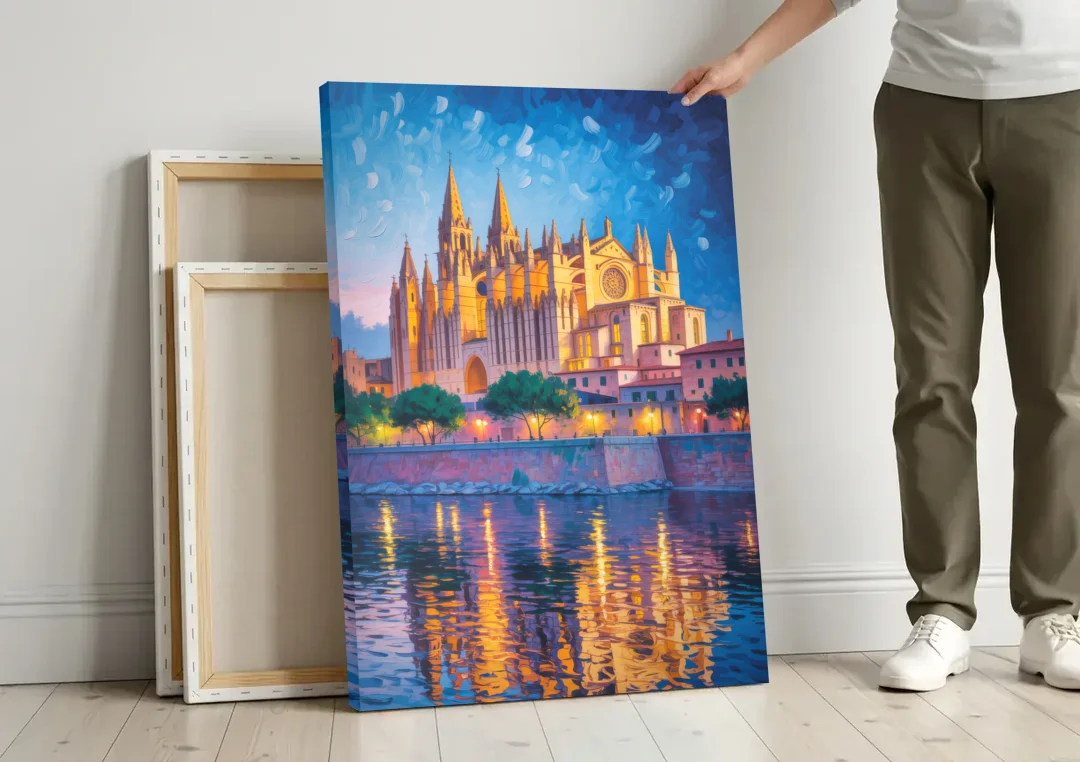 Cathedral of Santa Maria canvas wall art leaning against a wall next to blank canvases