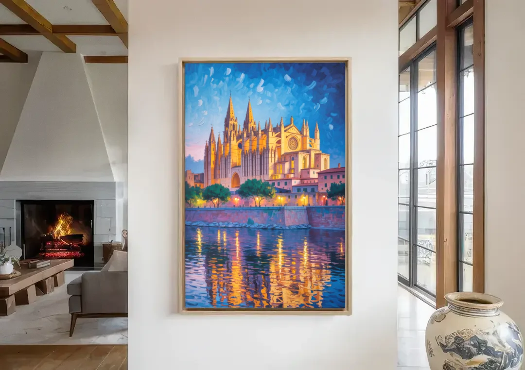 Cathedral of Santa Maria canvas wall art in a living room with a fireplace