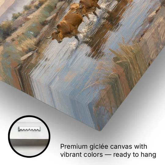 Cattle Drive Painting at the River Ford - Canvas Wall Art - Gallery Wrap Corner