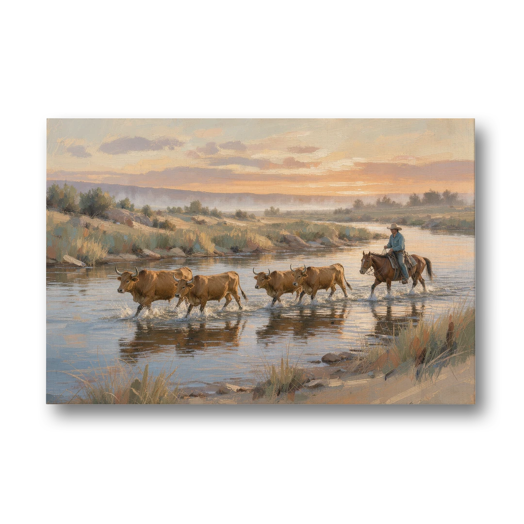 Cattle Drive Painting at the River Ford - Canvas Wall Art - Front