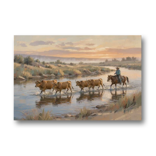 Cattle Drive Painting at the River Ford - Canvas Wall Art - Front