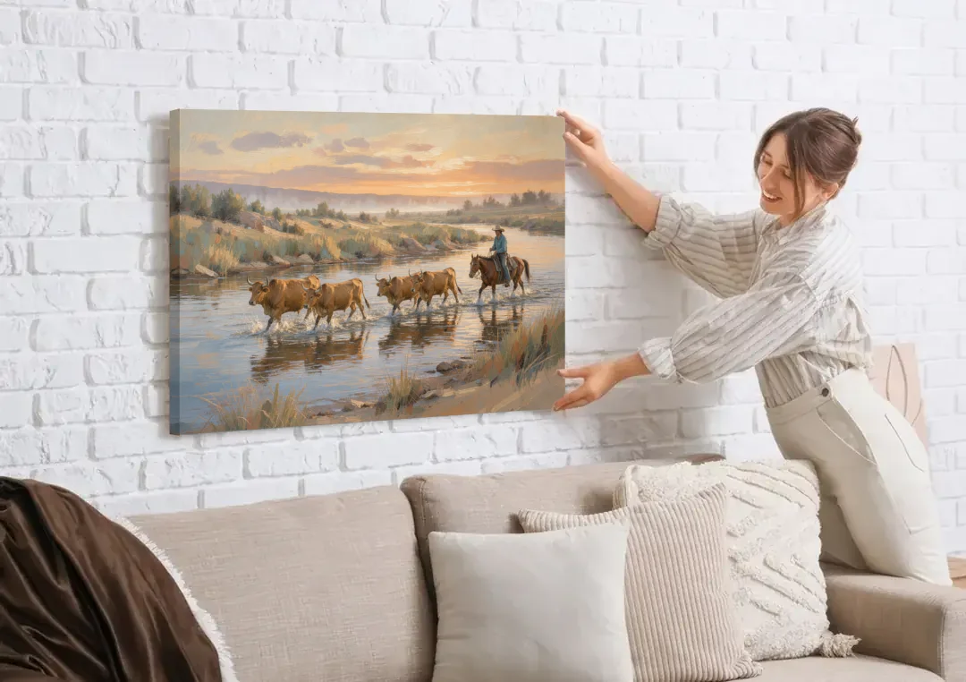 Cattle Drive Painting at the River Ford canvas wall art being hung on a white brick wall above a sofa