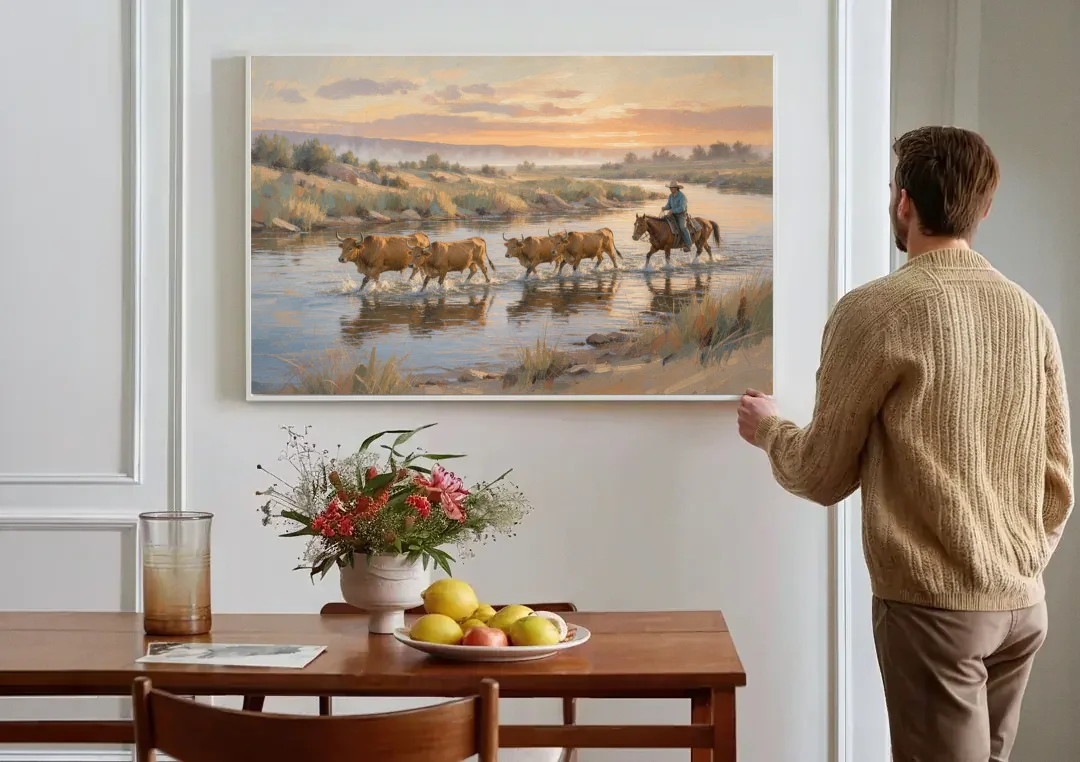Cattle Drive Painting at the River Ford canvas wall art above a dining table