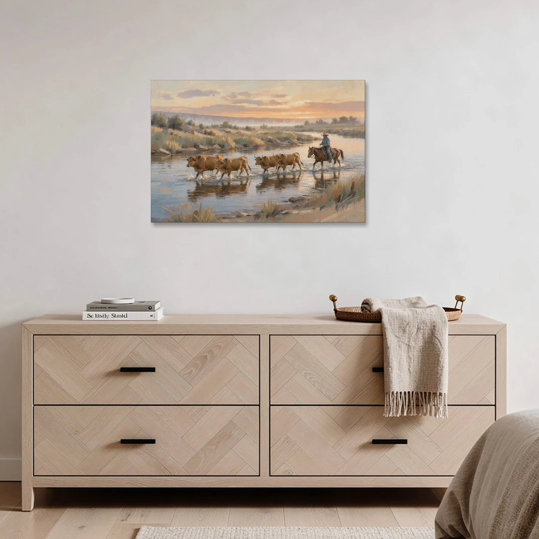 Cattle Drive Painting at the River Ford - Canvas Wall Art - Coffee Table - 36x24