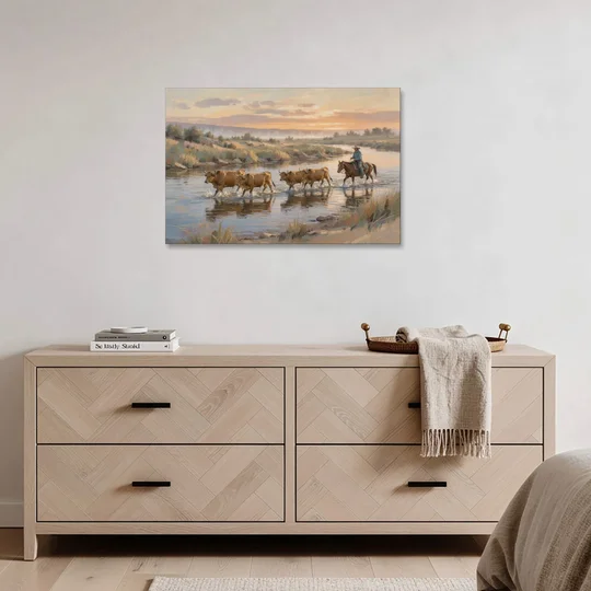 Cattle Drive Painting at the River Ford - Canvas Wall Art - Coffee Table - 36x24