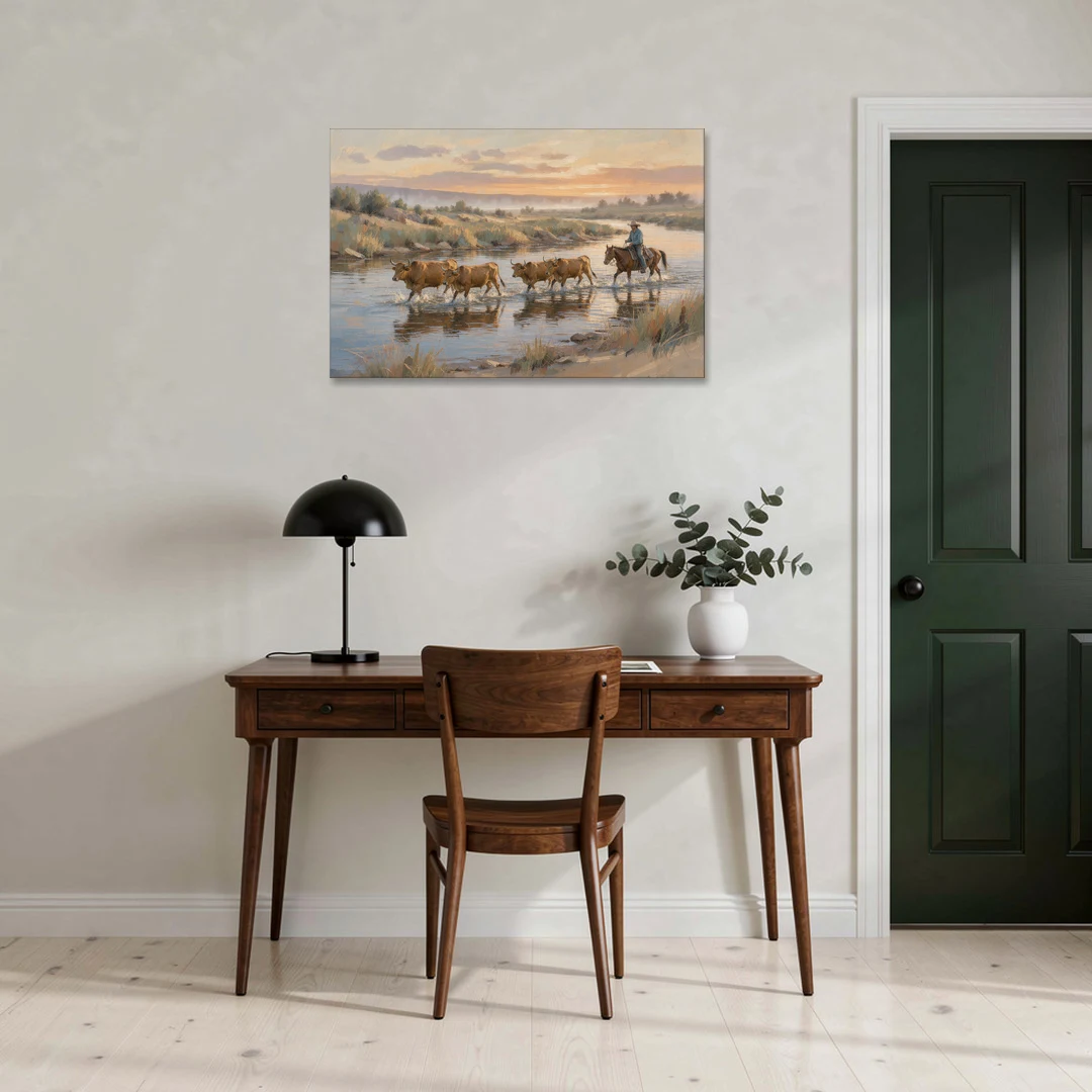 Cattle Drive Painting at the River Ford - Canvas Wall Art - Office - 36x24