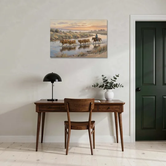 Cattle Drive Painting at the River Ford - Canvas Wall Art - Office - 36x24