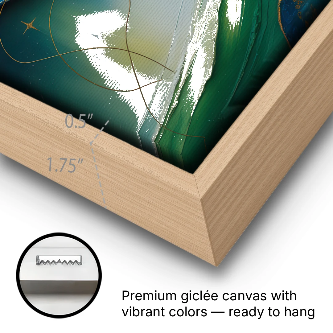 Celestial Nature Blue and Green Abstract - Oak Framed Canvas Wall Art - Gallery Wrap Corner