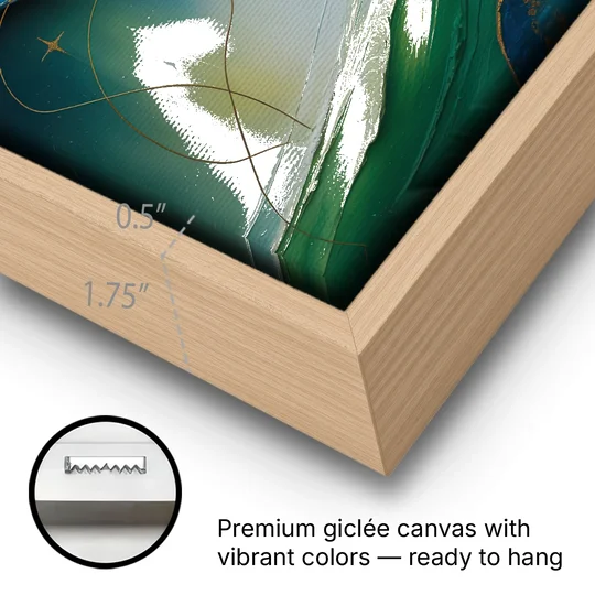Celestial Nature Blue and Green Abstract - Oak Framed Canvas Wall Art - Gallery Wrap Corner