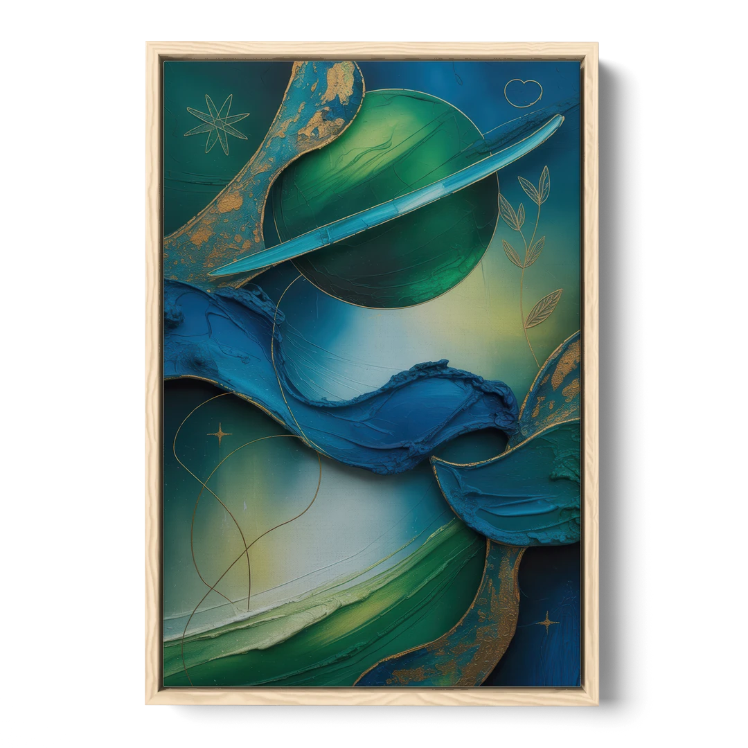Celestial Nature Blue and Green Abstract - Oak Framed Canvas Wall Art - Front