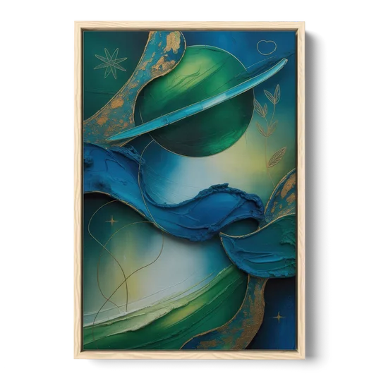 Celestial Nature Blue and Green Abstract - Oak Framed Canvas Wall Art - Front