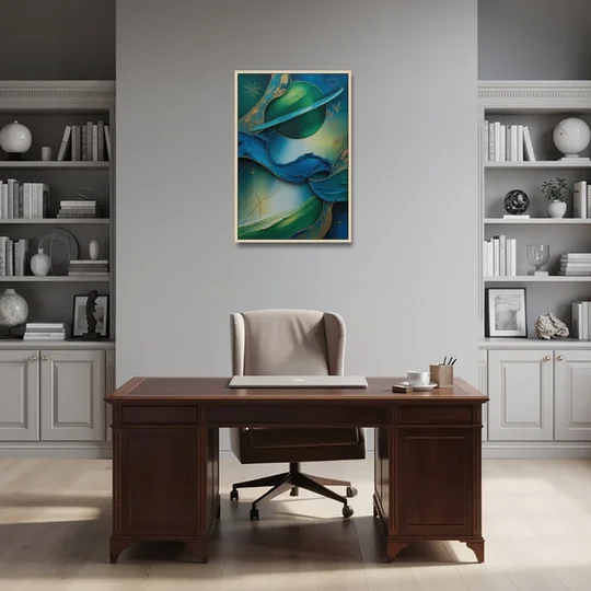 Celestial Nature Blue and Green Abstract - Oak Framed Canvas Wall Art - Office - 24x36