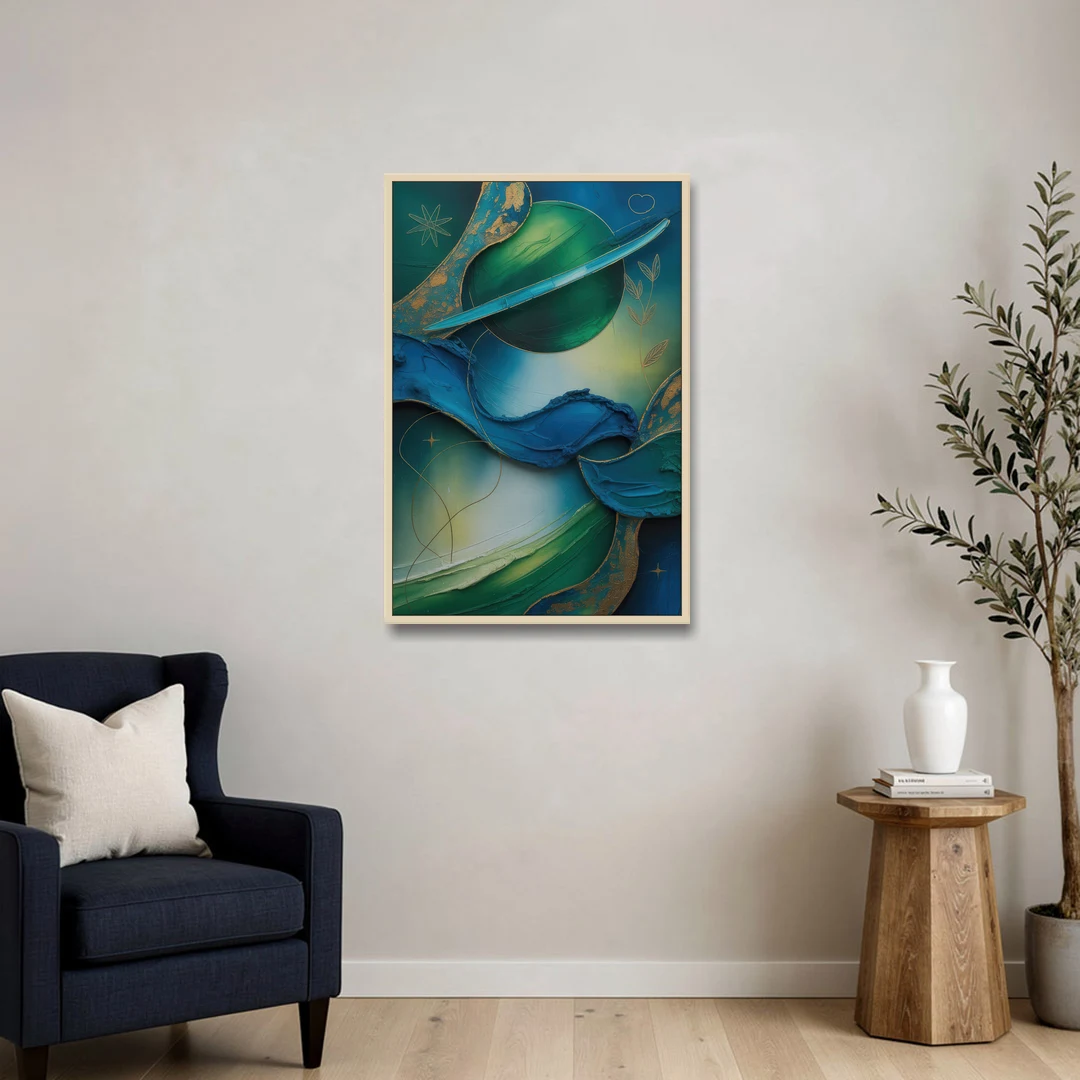 Celestial Nature Blue and Green Abstract - Oak Framed Canvas Wall Art - Sofa - 24x36