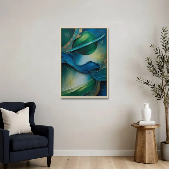 Celestial Nature Blue and Green Abstract - Oak Framed Canvas Wall Art - Sofa - 24x36