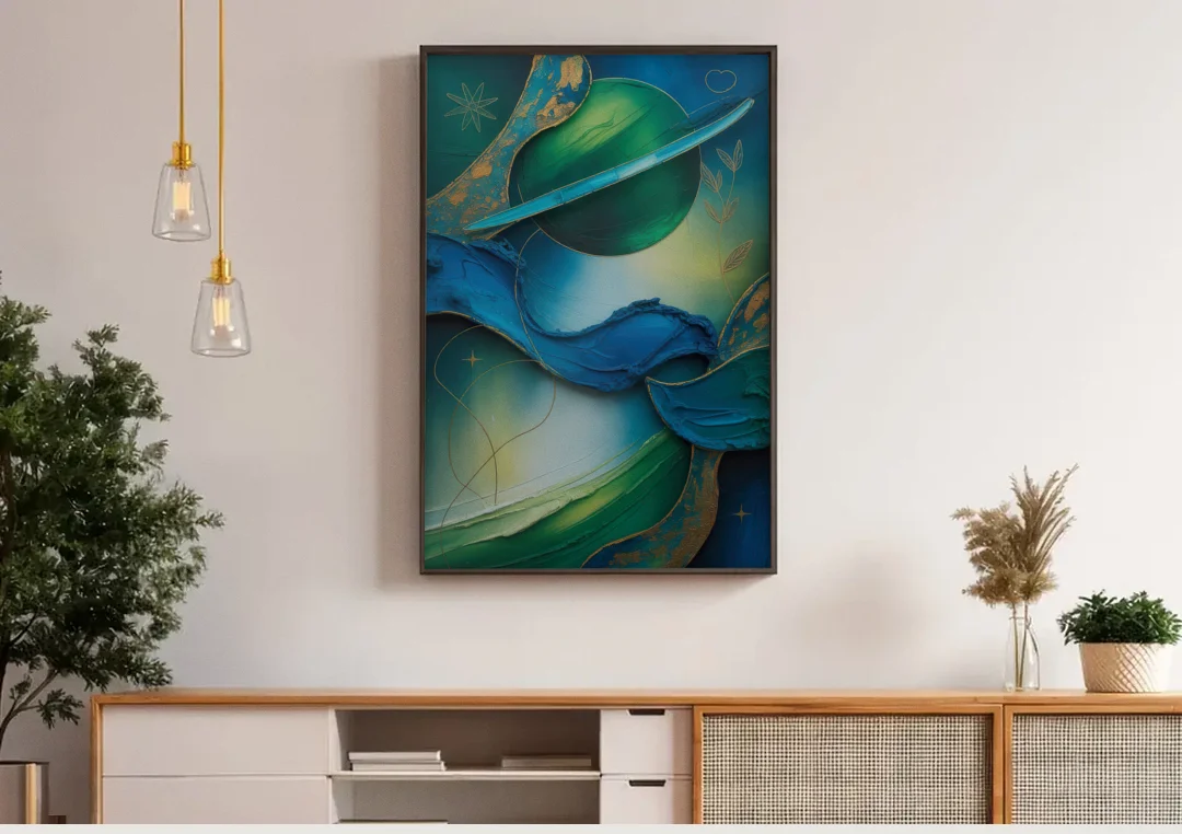 Celestial Nature Blue and Green Abstract canvas wall art above a wooden sideboard under pendant lights