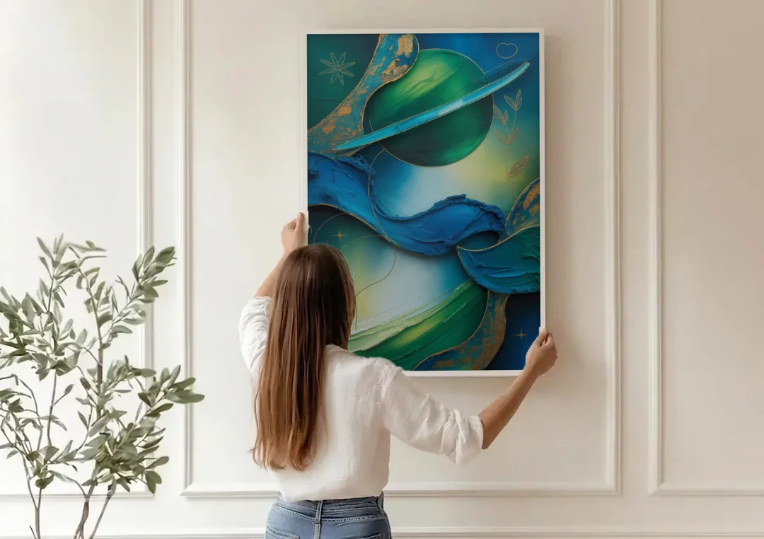 Celestial Nature Blue and Green Abstract canvas wall art being hung on a paneled wall