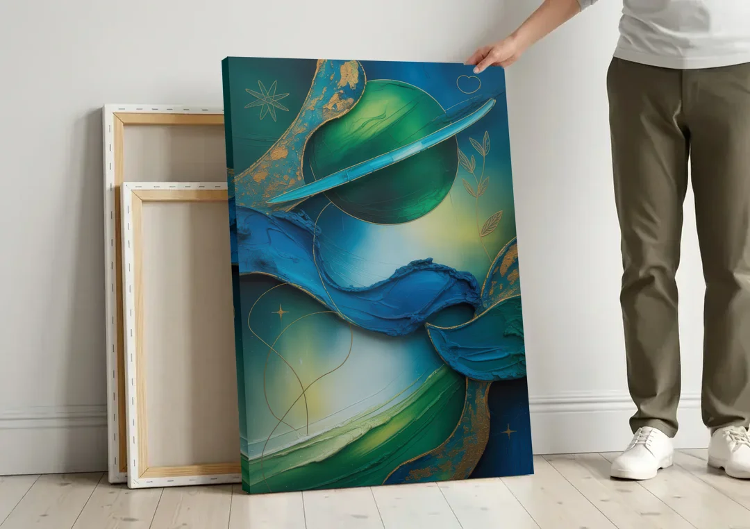 Celestial Nature Blue and Green Abstract canvas wall art leaning against a wall next to blank canvases