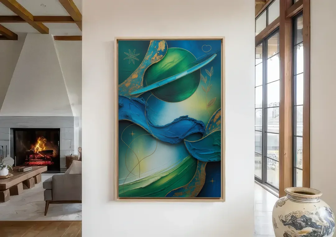 Celestial Nature Blue and Green Abstract canvas wall art in a living room with a fireplace