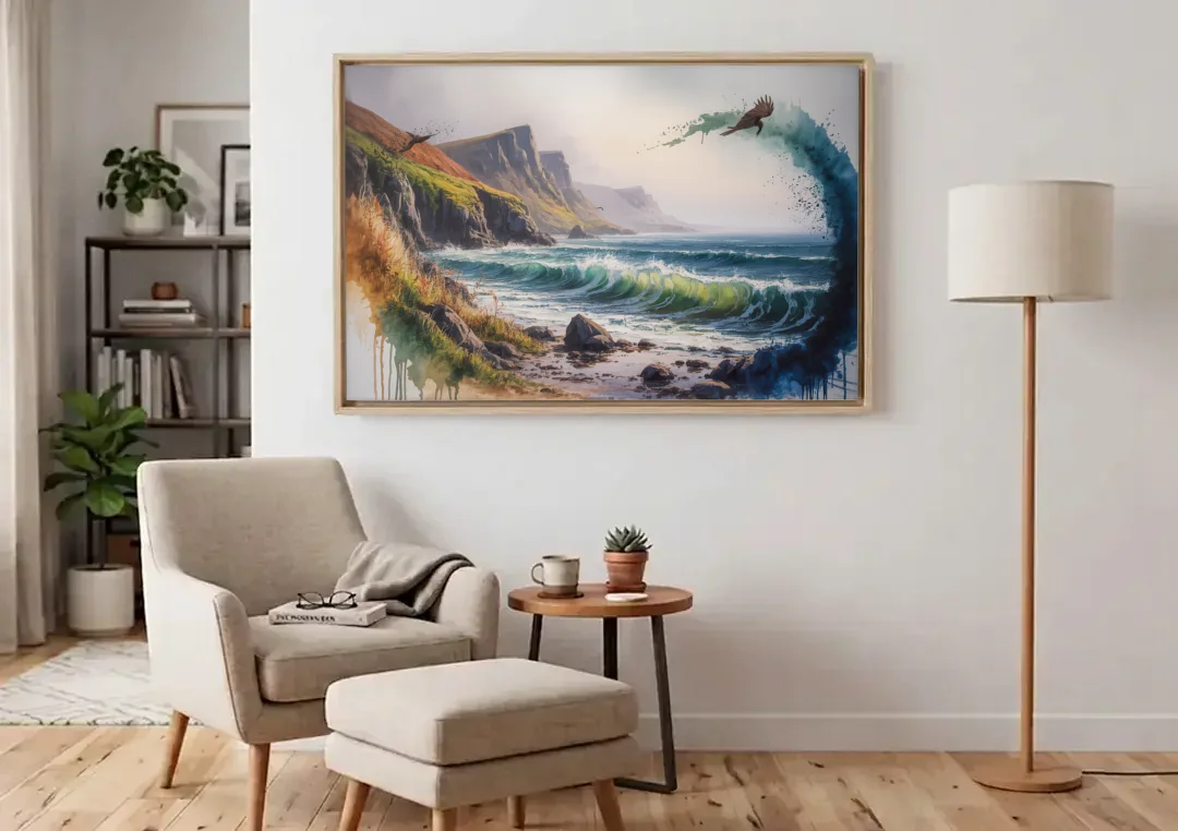 Celtic Coastline canvas wall art above an armchair in a bright living room