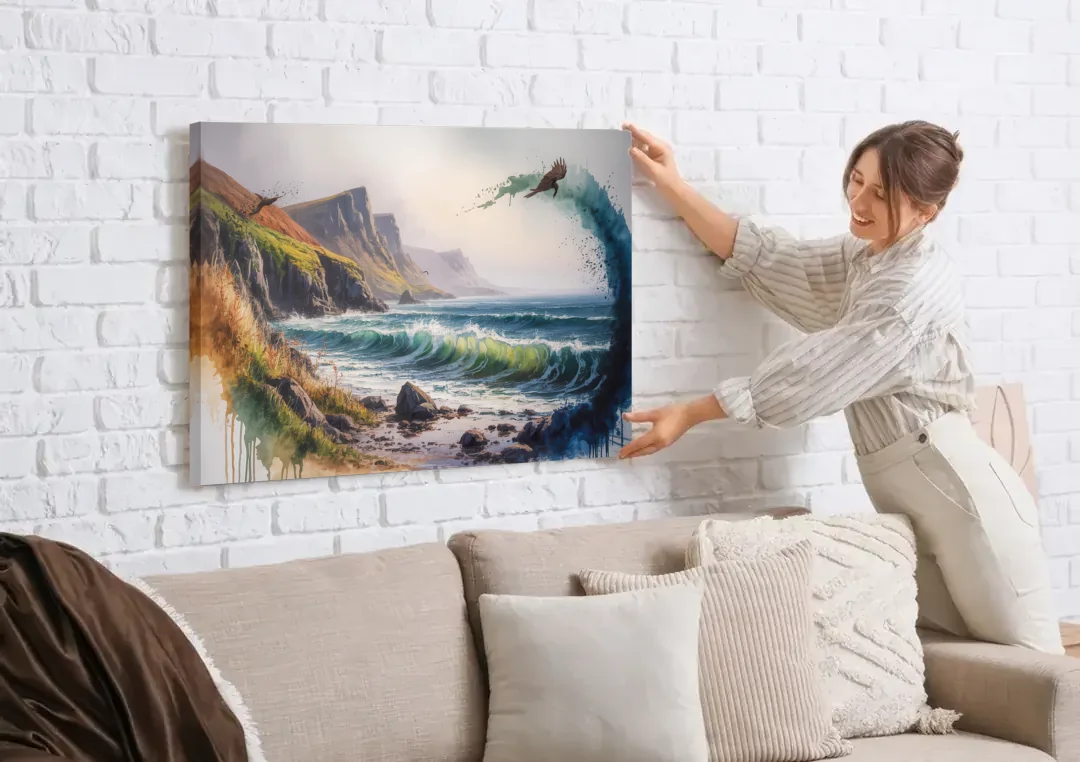 Celtic Coastline canvas wall art being hung on a white brick wall above a sofa