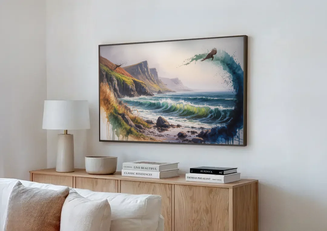 Celtic Coastline canvas wall art above a wooden sideboard next to a sofa