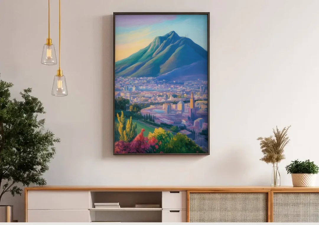 Cerro de la Silla View canvas wall art above a wooden sideboard under pendant lights