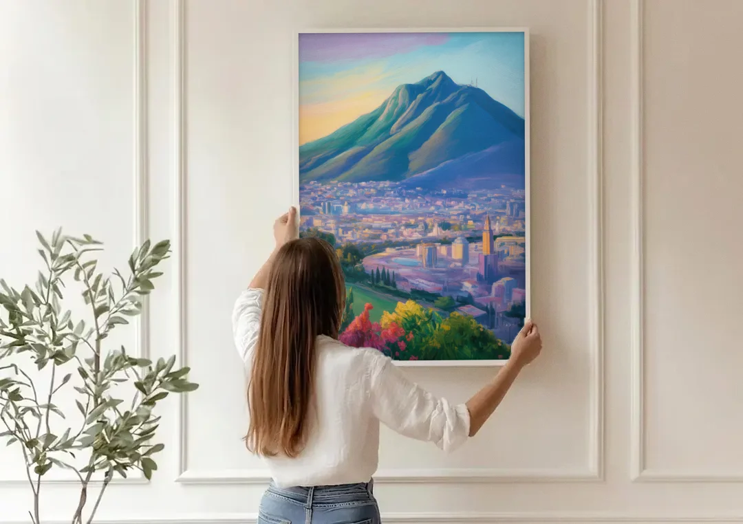 Cerro de la Silla View canvas wall art being hung on a paneled wall