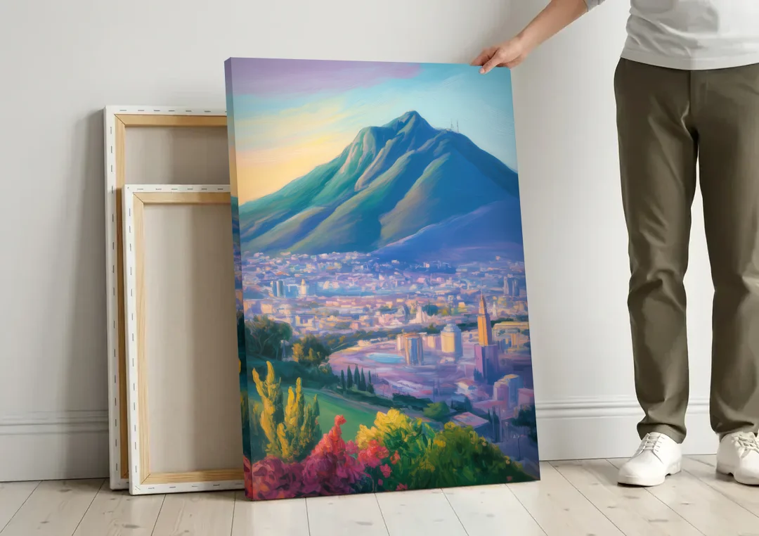 Cerro de la Silla View canvas wall art leaning against a wall next to blank canvases