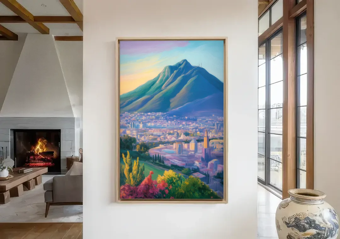 Cerro de la Silla View canvas wall art in a living room with a fireplace