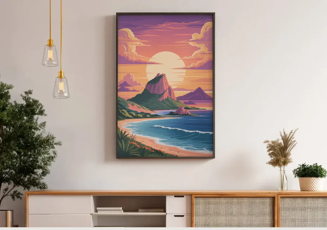Cerro del Crestón Sunset canvas wall art above a wooden sideboard under pendant lights